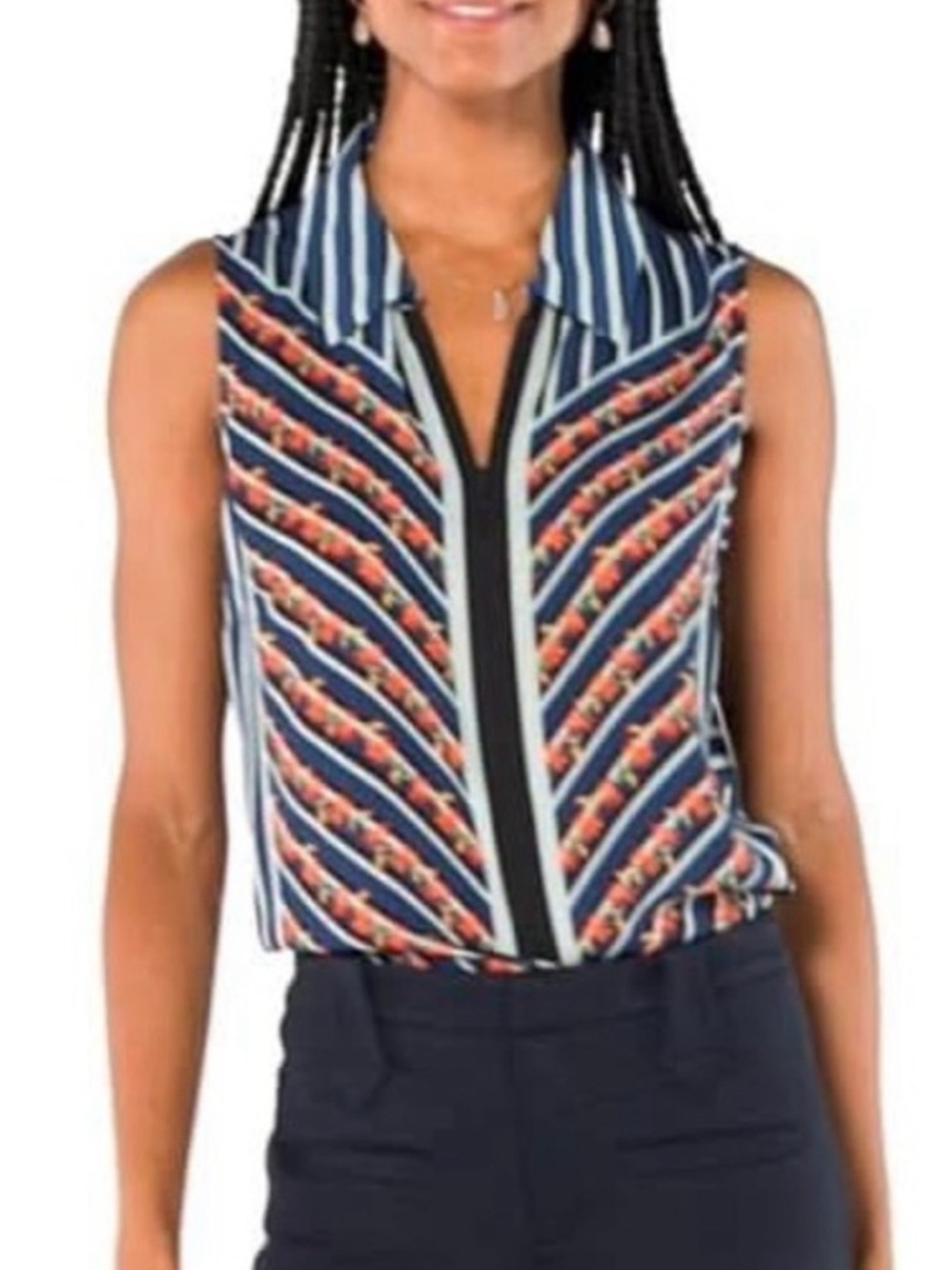 CAbi Chevron Striped Sleeveless Button-Front Top with Floral Trim